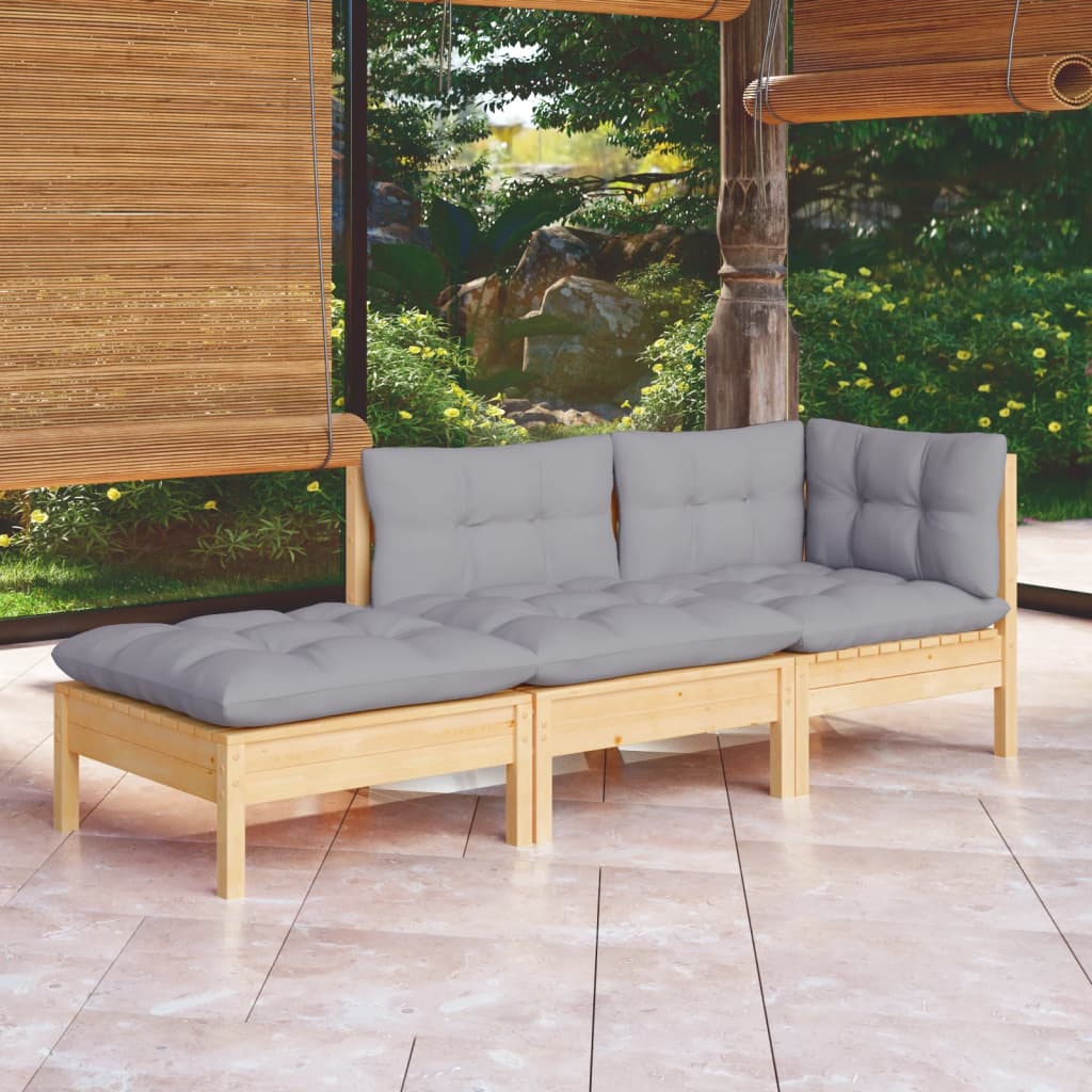 3 pcs garden furniture with solid pine wood gray cushions