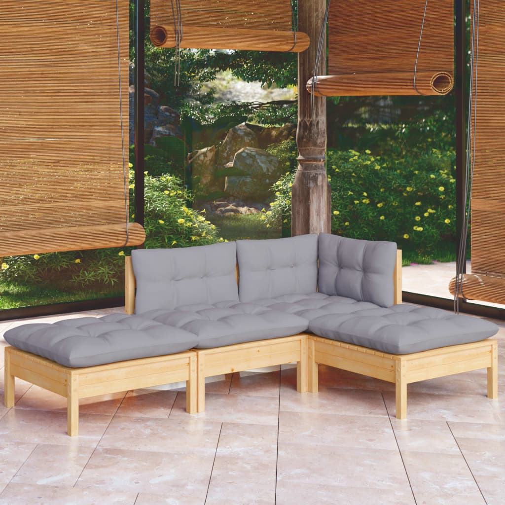 4 pcs garden furniture with gray cushions of solid pine wood