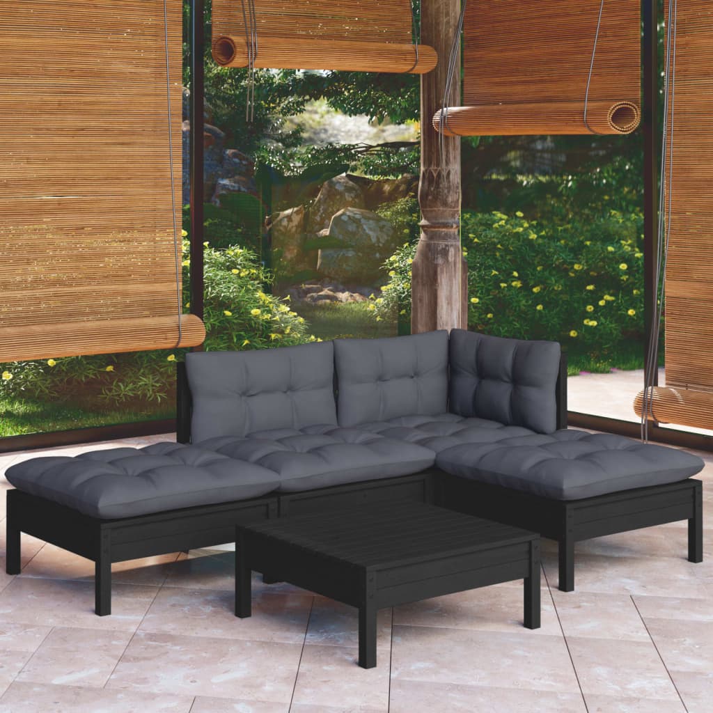 Salon de jardin 5 pcs avec coussins Noir Bois de pin