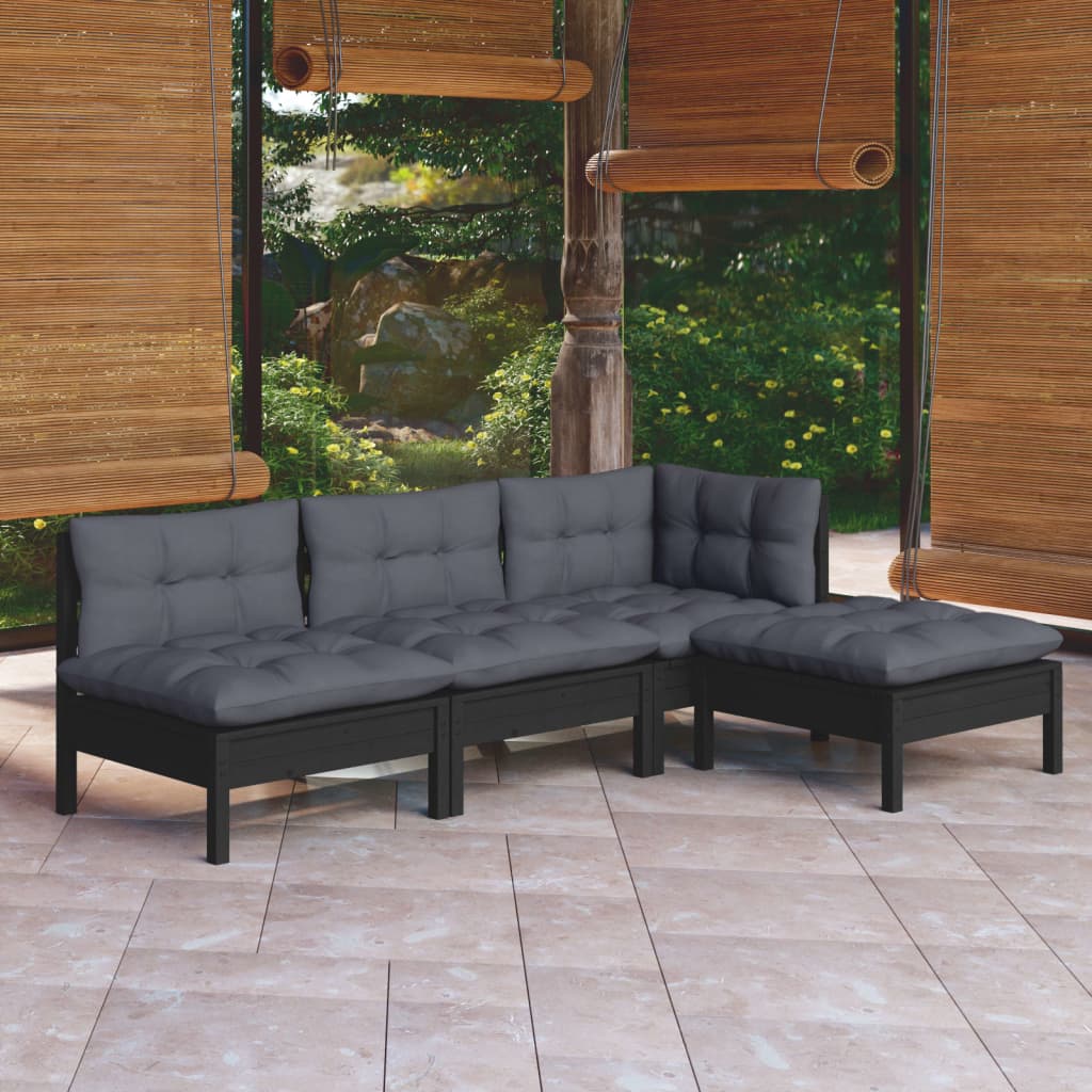 Salon de jardin 4 pcs avec coussins Noir Bois de pin