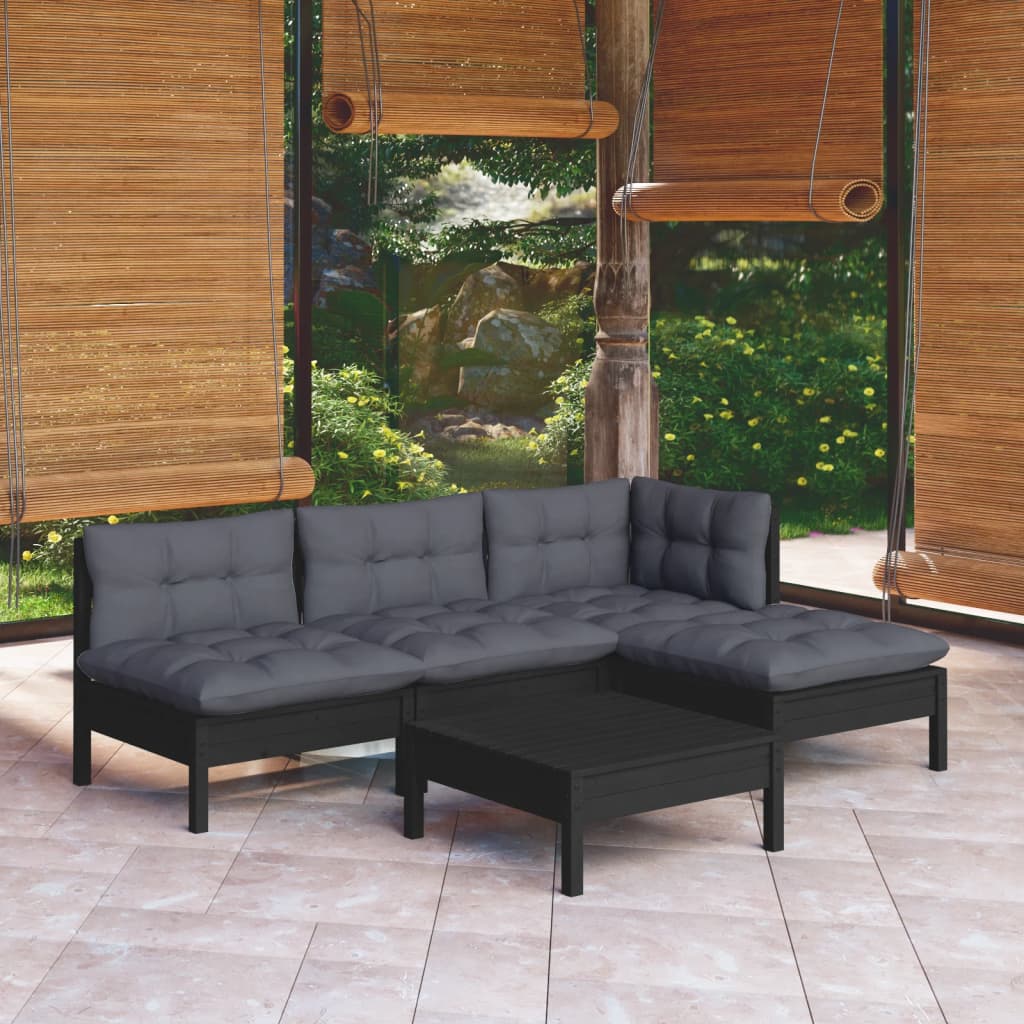 5 pcs garden furniture with black pine wood cushions