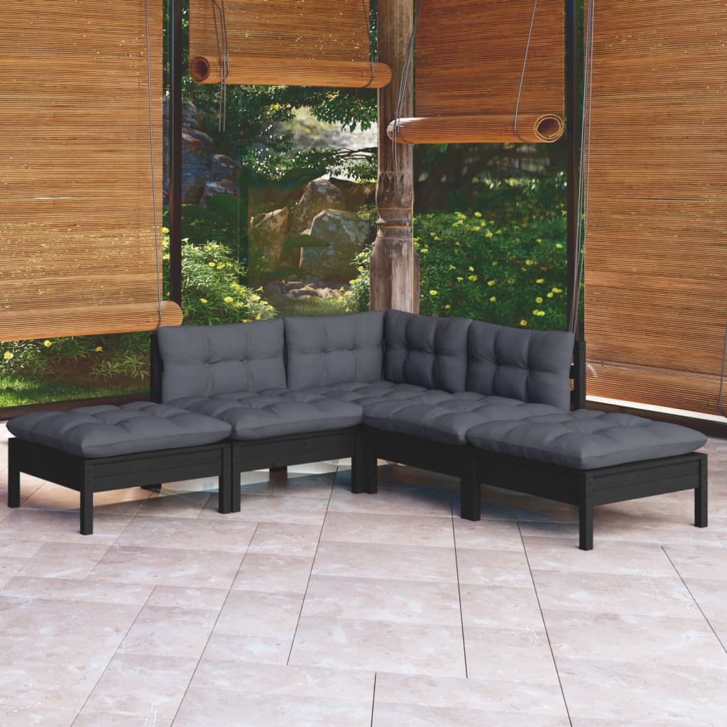 Salon de jardin 5 pcs avec coussins Noir Bois de pin