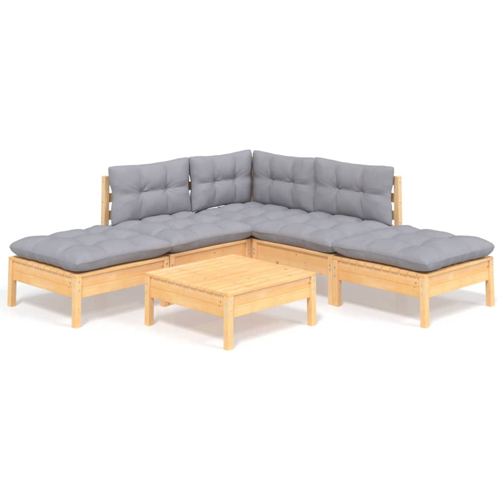 6 pcs garden furniture with gray pine wood cushions