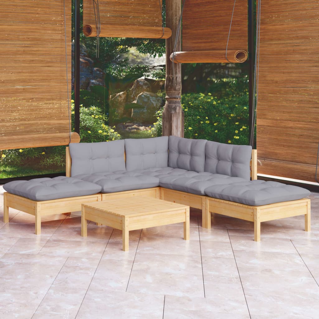 6 pcs garden furniture with gray pine wood cushions