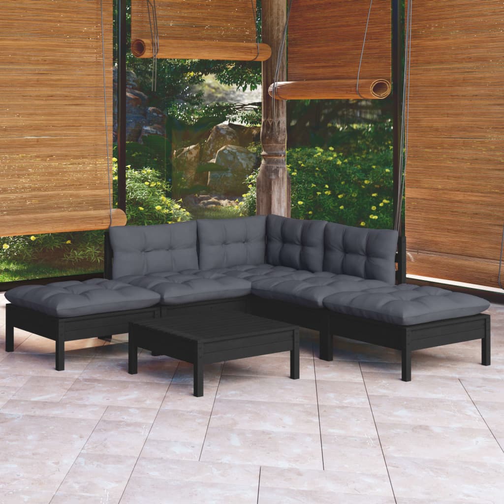 Salon de jardin 6 pcs avec coussins Noir Bois de pin