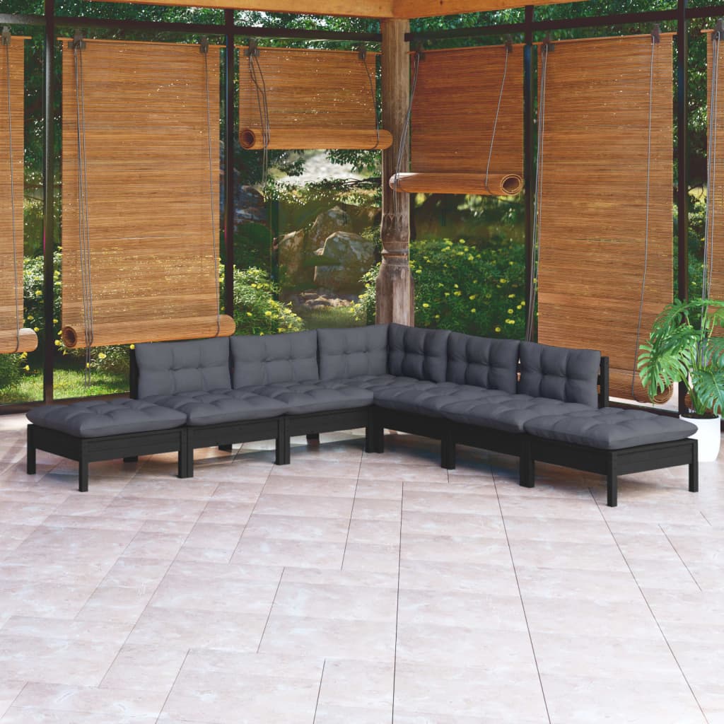 Salon de jardin 7 pcs avec coussins Noir Bois de pin