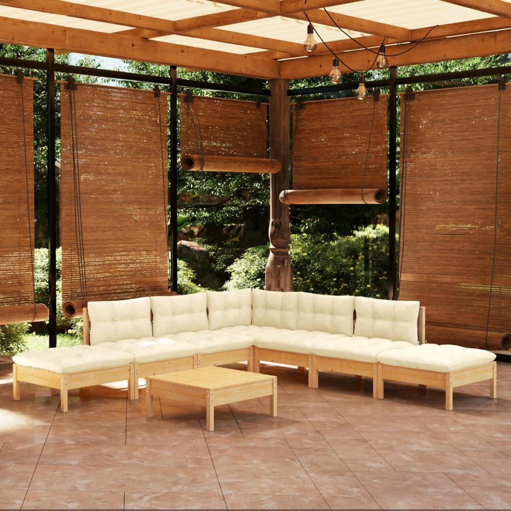 Salon de jardin 8 pcs avec coussins crème Bois de pin