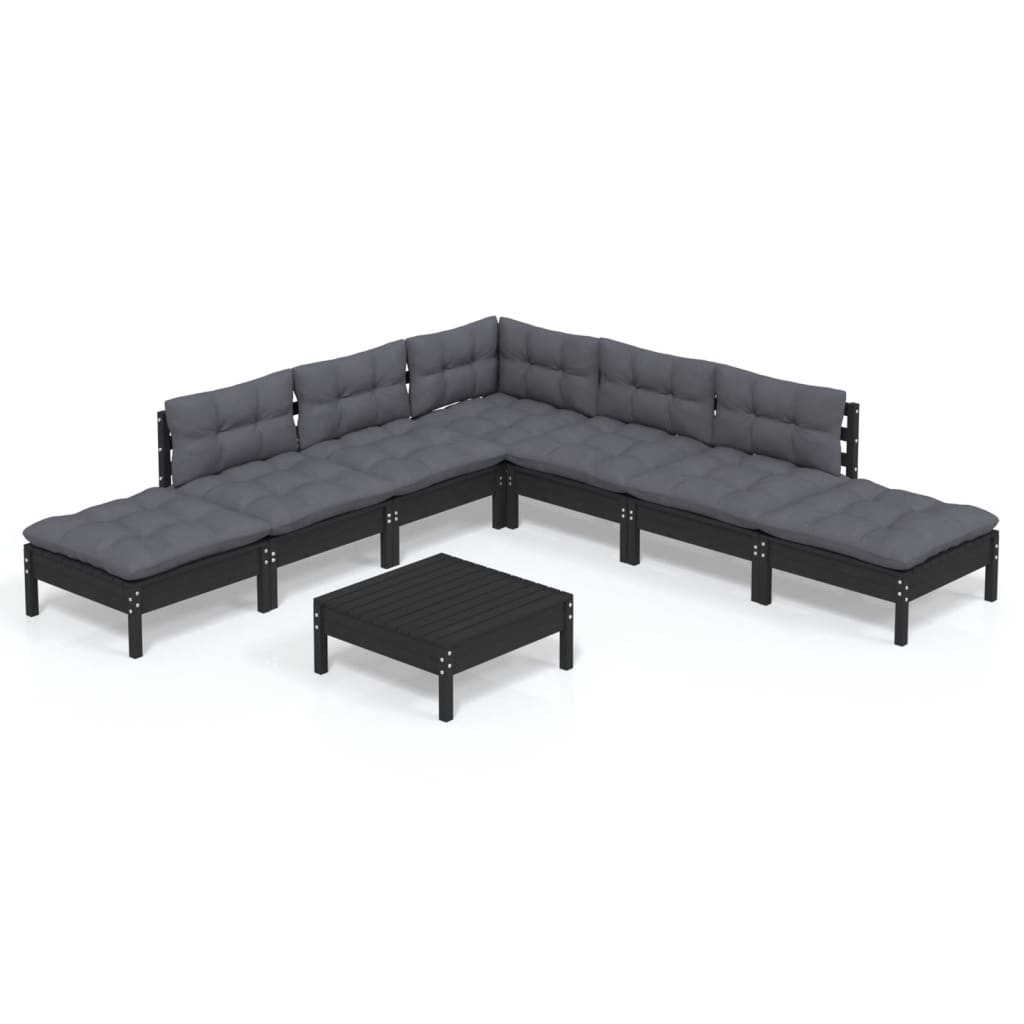 8 pcs garden furniture with black pine wood cushions