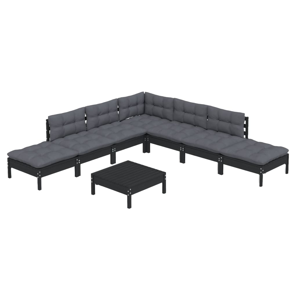 8 pcs garden furniture with black pine wood cushions