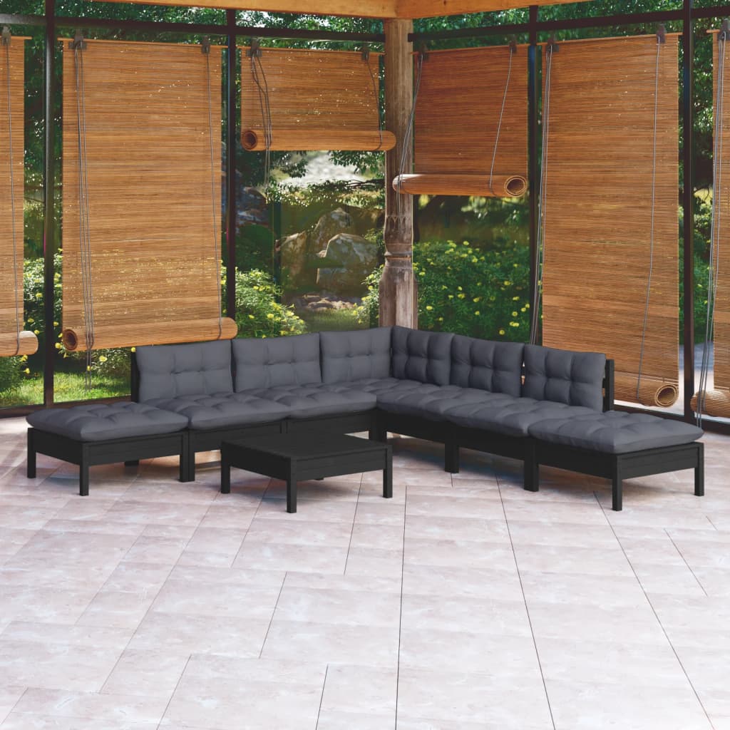 Salon de jardin 8 pcs avec coussins Noir Bois de pin