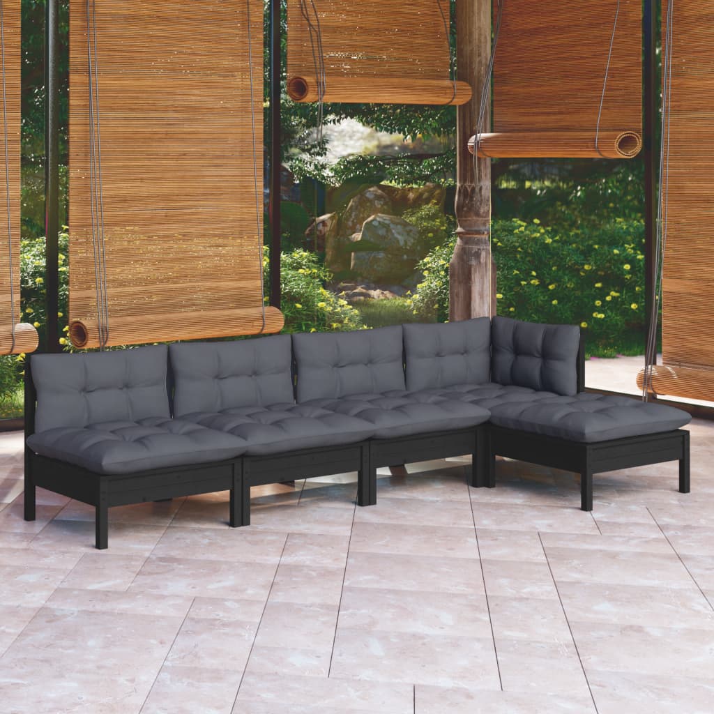 Salon de jardin 5 pcs avec coussins Noir Bois de pin