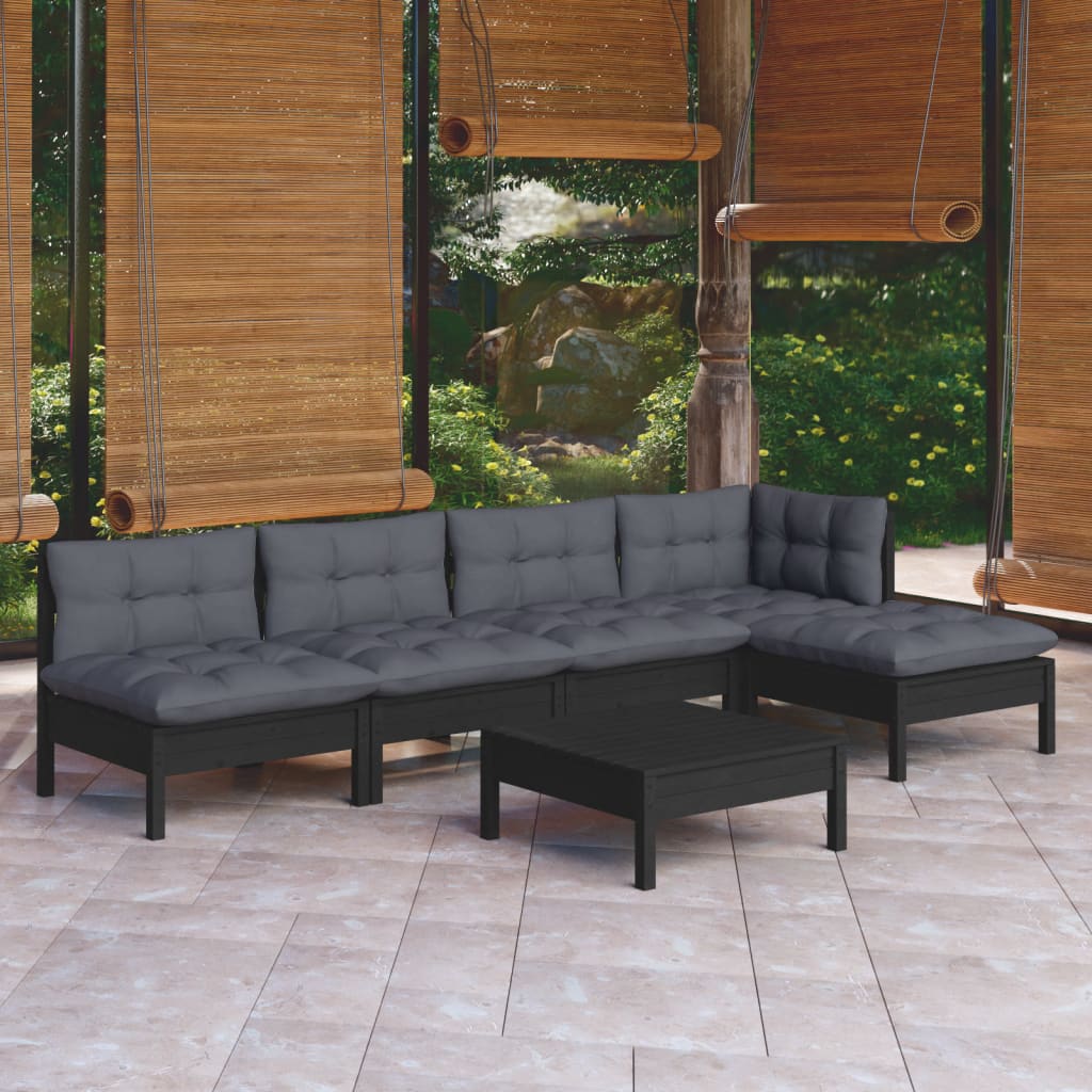 Salon de jardin 6 pcs avec coussins Noir Bois de pin