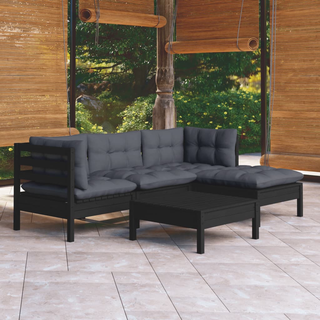 Salon de jardin 5 pcs avec coussins Noir Bois de pin