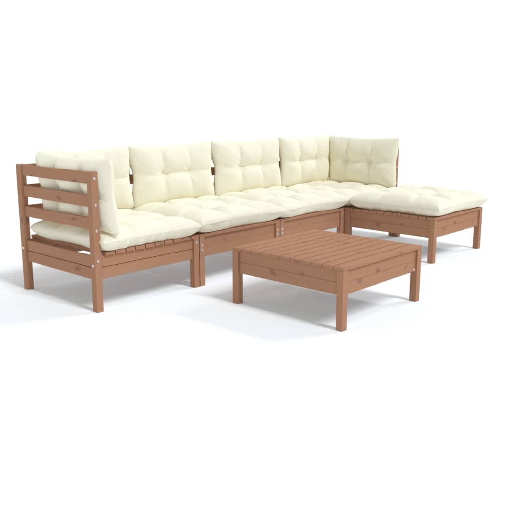 6 pcs garden furniture with brown cushions honey pine wood