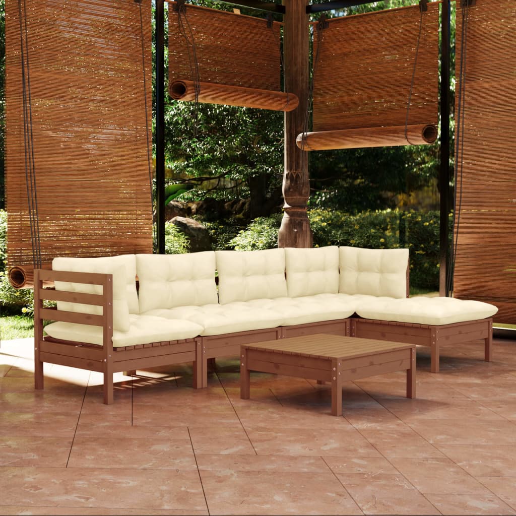 6 pcs garden furniture with brown cushions honey pine wood