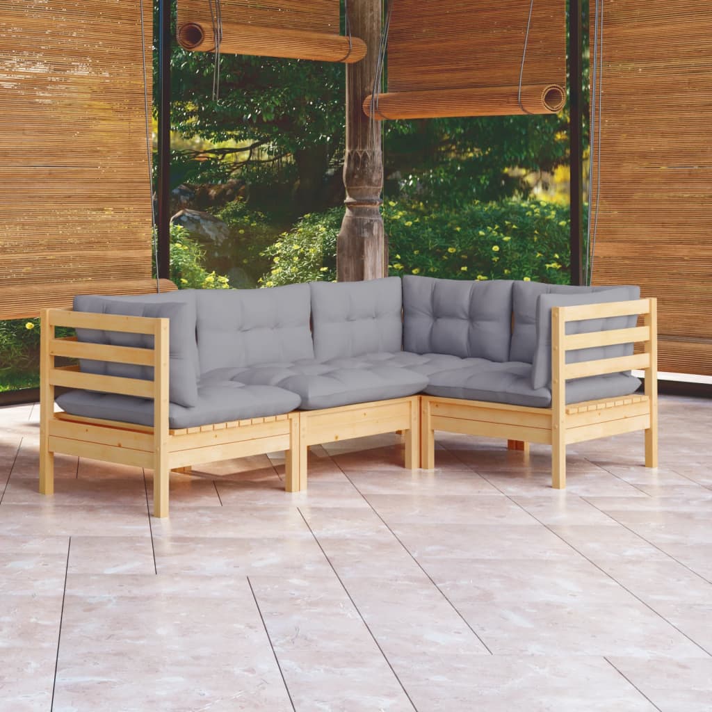 Salon de jardin 4 pcs avec coussins gris Bois de pin