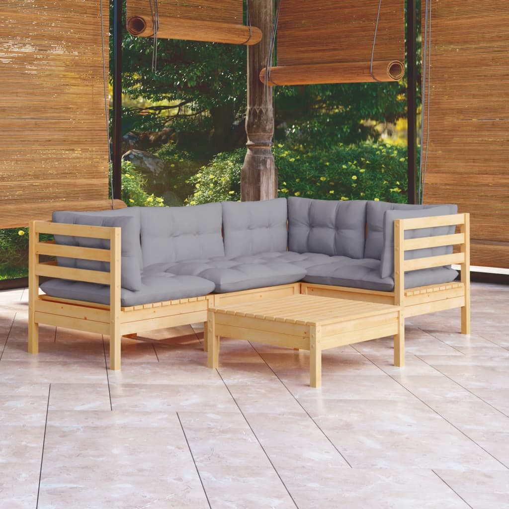 Salon de jardin 5 pcs avec coussins gris Bois de pin