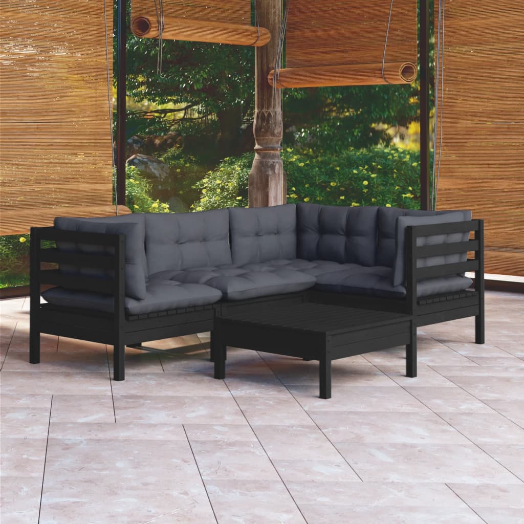 Salon de jardin 5 pcs avec coussins Noir Bois de pin