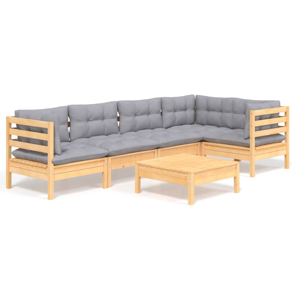 6 pcs garden furniture with gray pine wood cushions