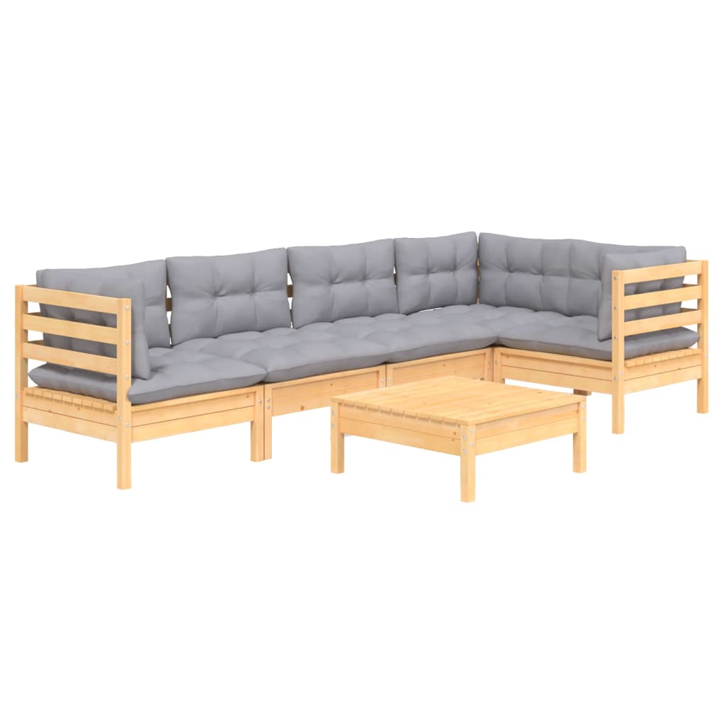 6 pcs garden furniture with gray pine wood cushions