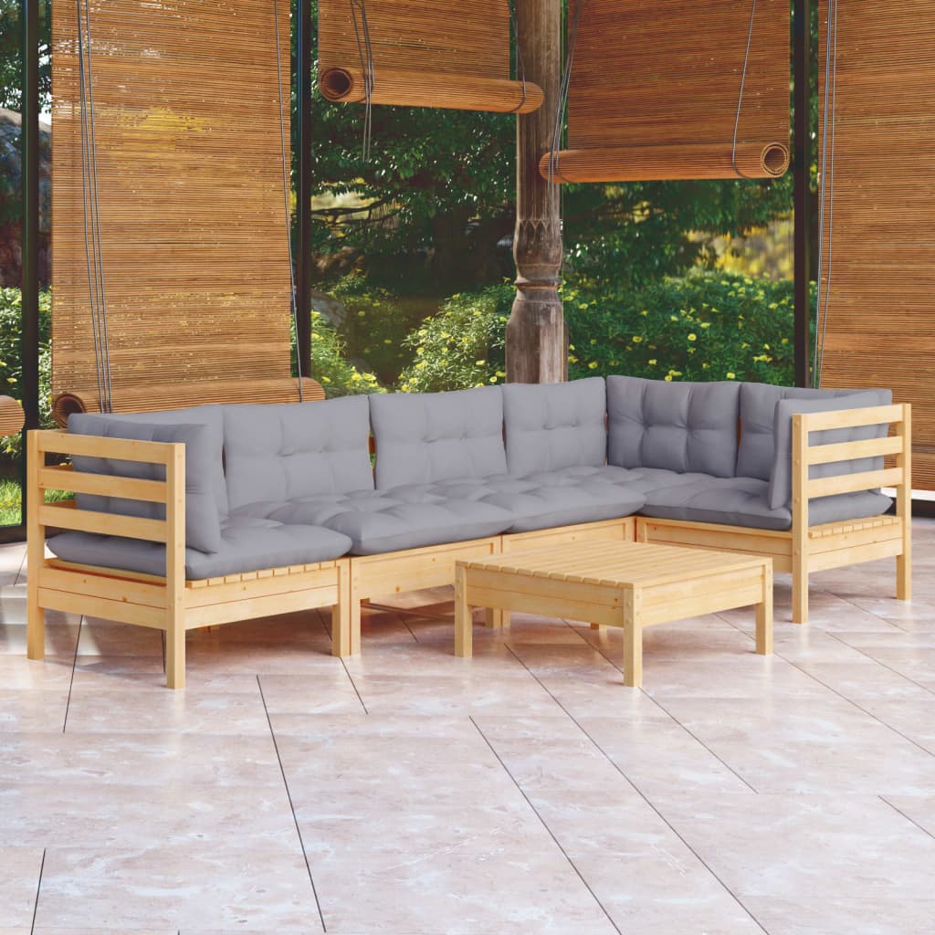 6 pcs garden furniture with gray pine wood cushions