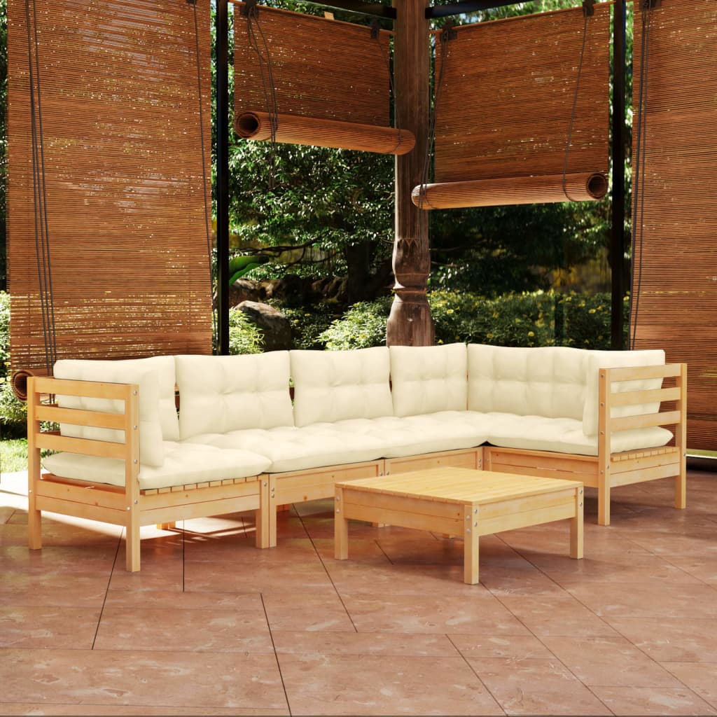 5 pcs garden furniture with pine wood cream cushions