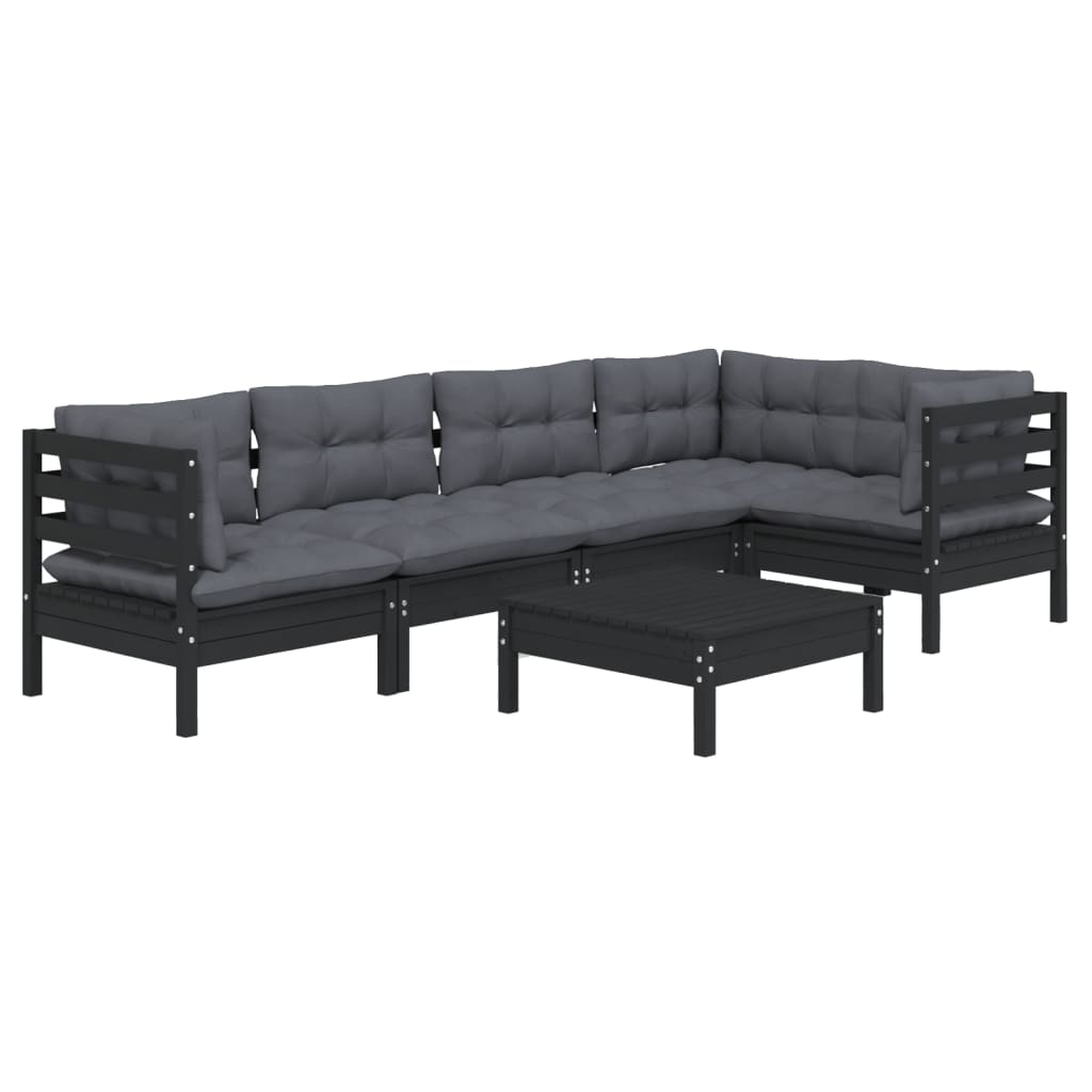 6 pcs garden furniture with black pine wood cushions