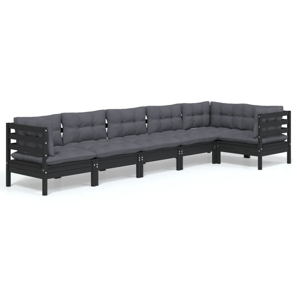 6 pcs garden furniture with black pine wood cushions