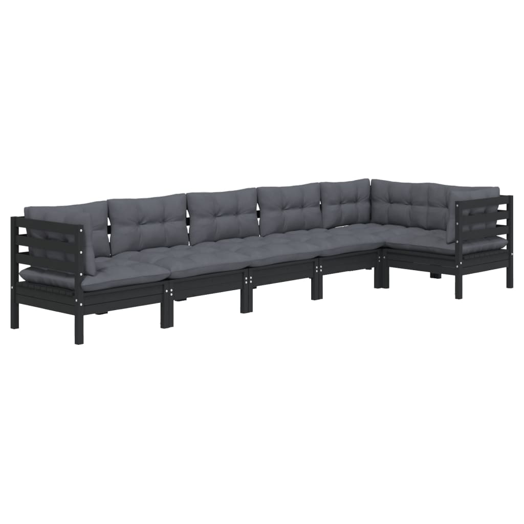 6 pcs garden furniture with black pine wood cushions