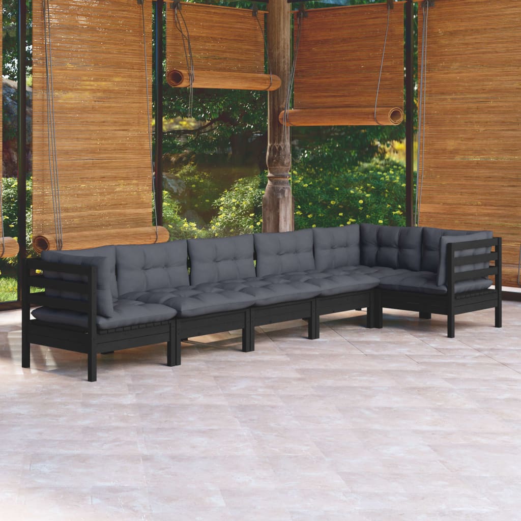 Salon de jardin 6 pcs avec coussins Noir Bois de pin