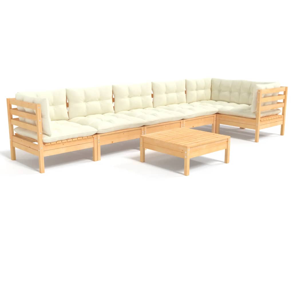 Garden furniture 7 pcs with pine wood cream cushions