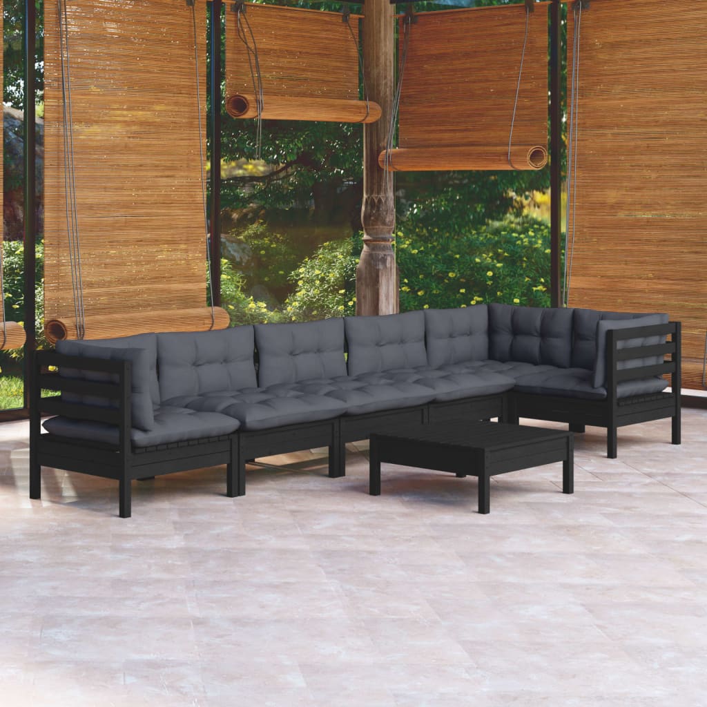 Salon de jardin 7 pcs avec coussins Noir Bois de pin