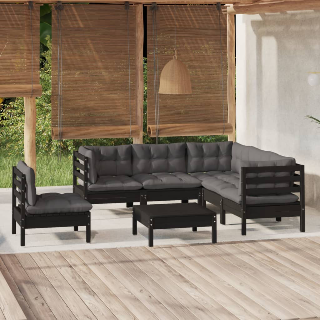 6 pcs garden furniture with black pine wood cushions