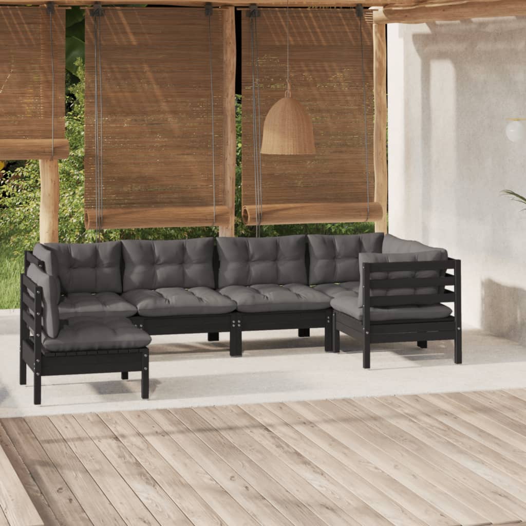 Salon de jardin 6 pcs avec coussins Noir Bois de pin