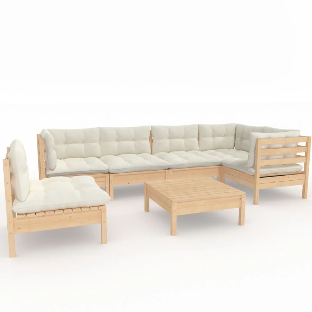 Garden furniture 7 pcs with pine wood cream cushions