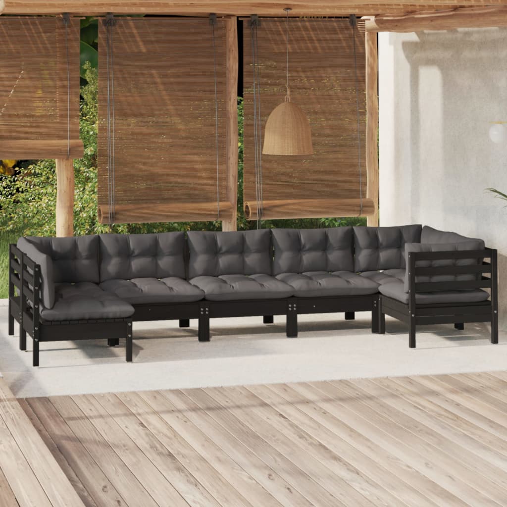 Salon de jardin 7 pcs avec coussins Noir Bois de pin