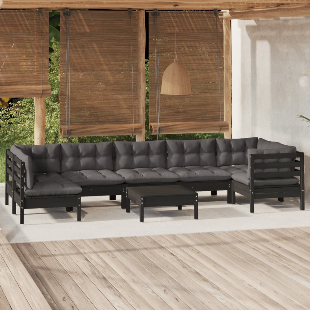 Salon de jardin 8 pcs avec coussins Noir Bois de pin massif