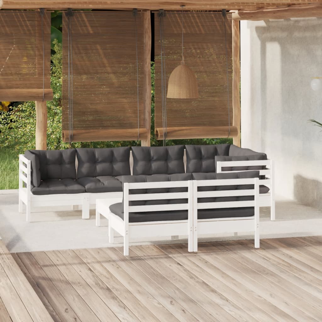 Salon de jardin 8 pcs avec coussins blanc bois de pin massif