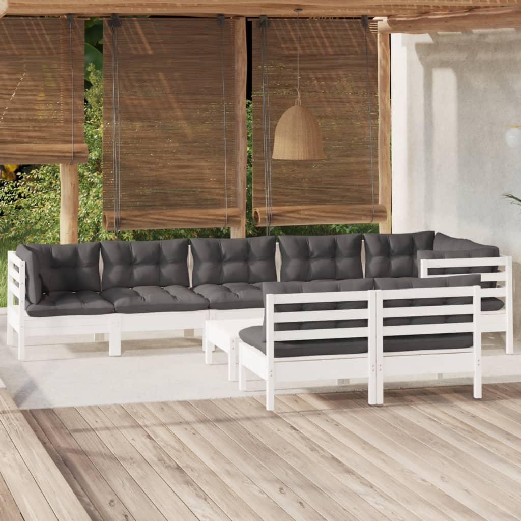 Salon de jardin 9 pcs avec coussins blanc bois de pin massif