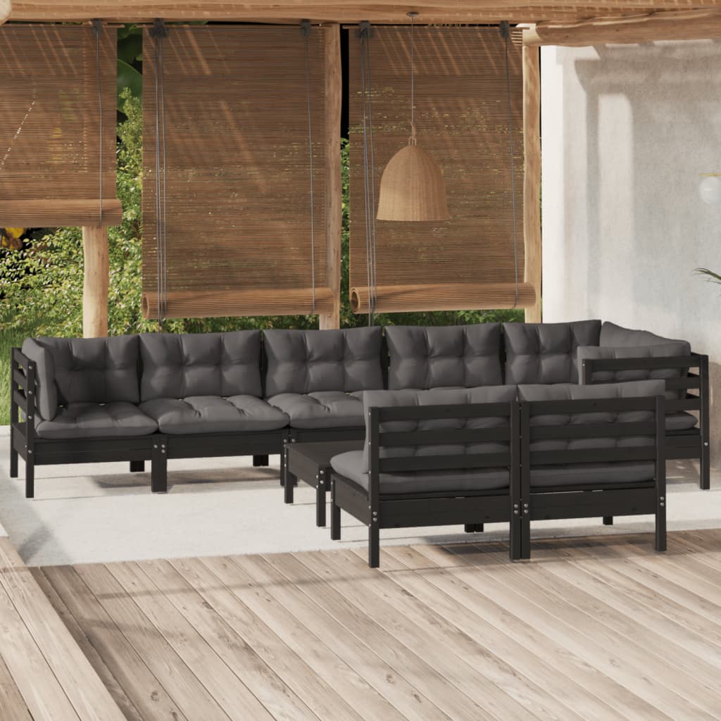 Salon de jardin 9 pcs avec coussins Noir Bois de pin massif