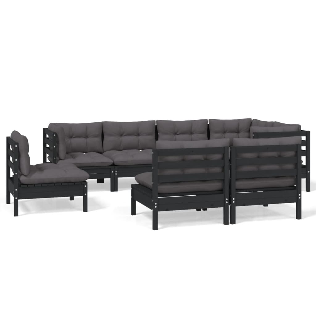 Salon de jardin 8 pcs avec coussins Noir Bois de pin massif