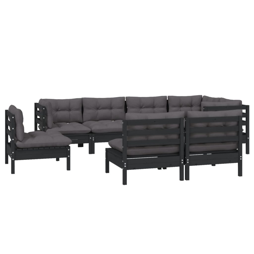 Salon de jardin 8 pcs avec coussins Noir Bois de pin massif