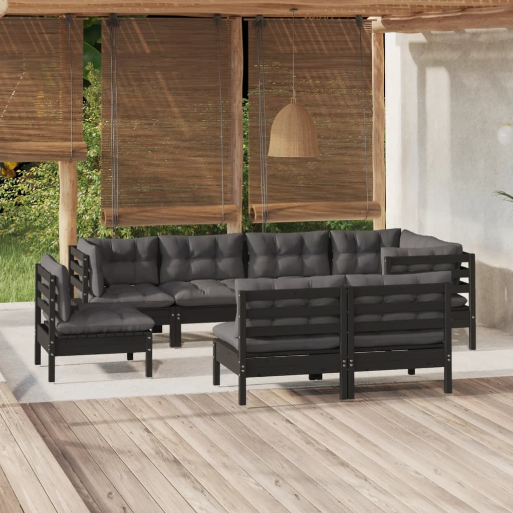 Salon de jardin 8 pcs avec coussins Noir Bois de pin massif