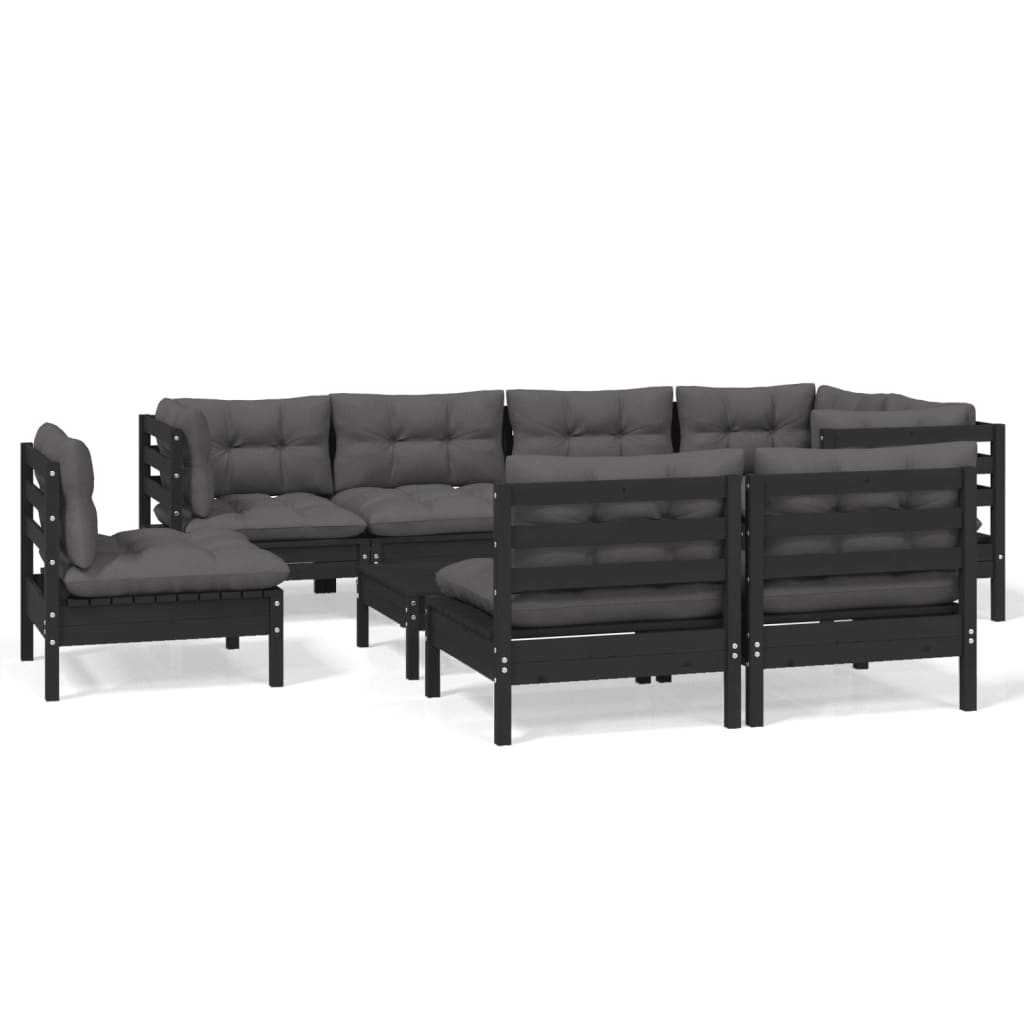 Salon de jardin 9 pcs avec coussins Noir Bois de pin massif