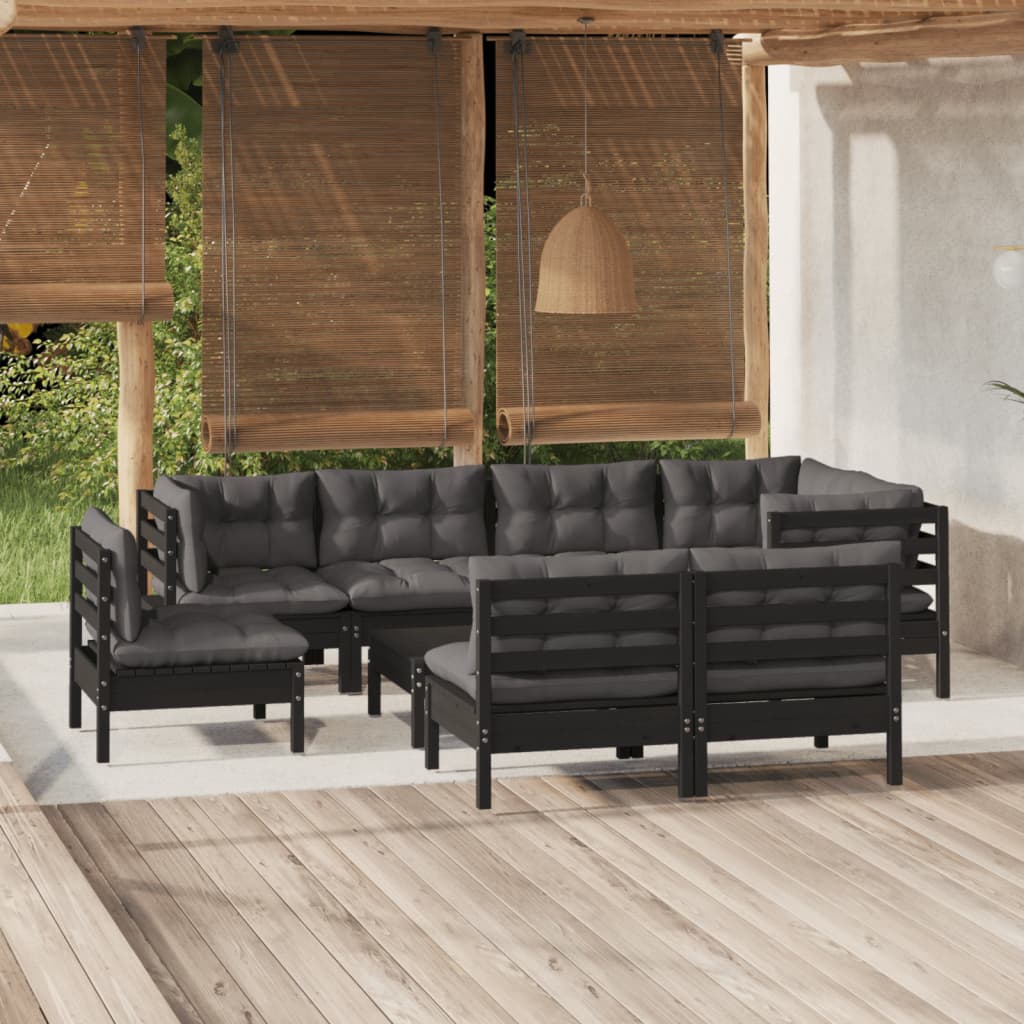 Salon de jardin 9 pcs avec coussins Noir Bois de pin massif