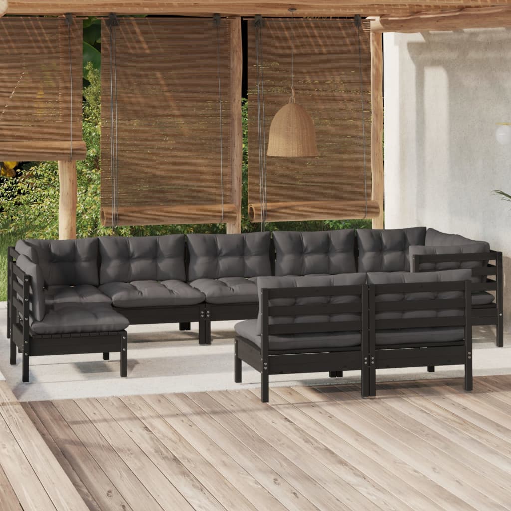 Salon de jardin 9 pcs avec coussins Noir Bois de pin massif