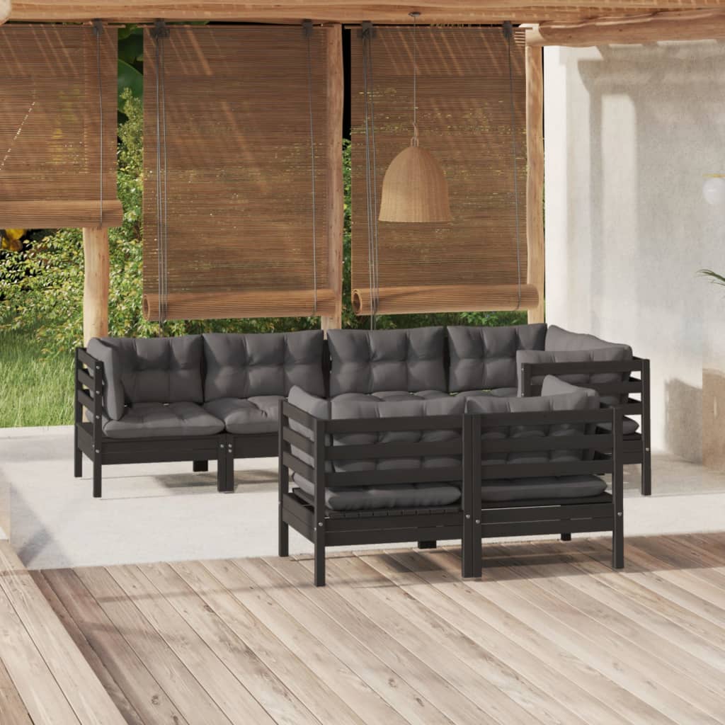 Salon de jardin 7 pcs avec coussins Noir Bois de pin massif