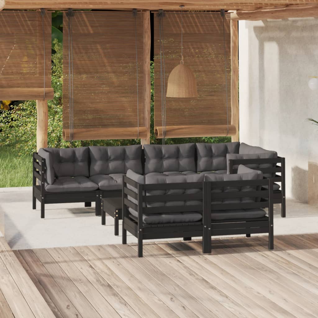 Salon de jardin 8 pcs avec coussins Noir Bois de pin massif