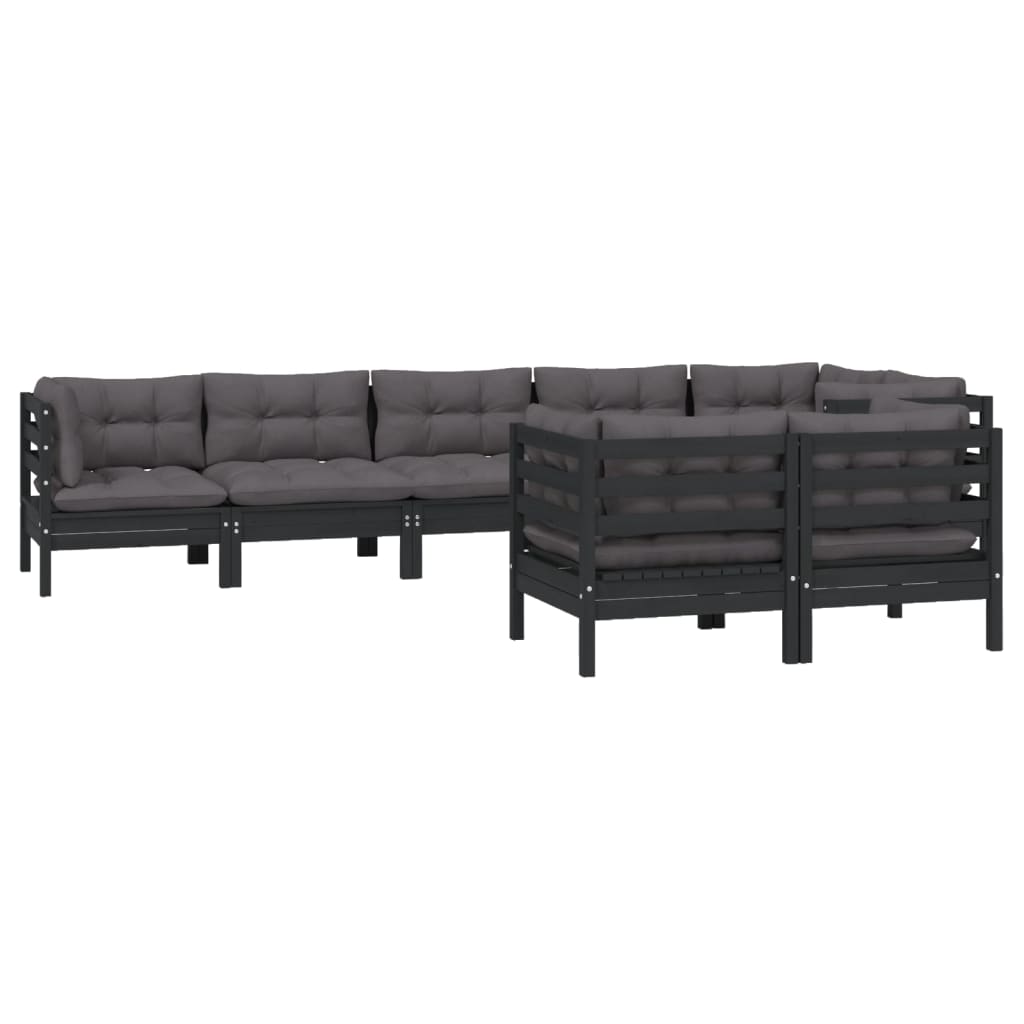 Salon de jardin 8 pcs avec coussins Noir Bois de pin massif