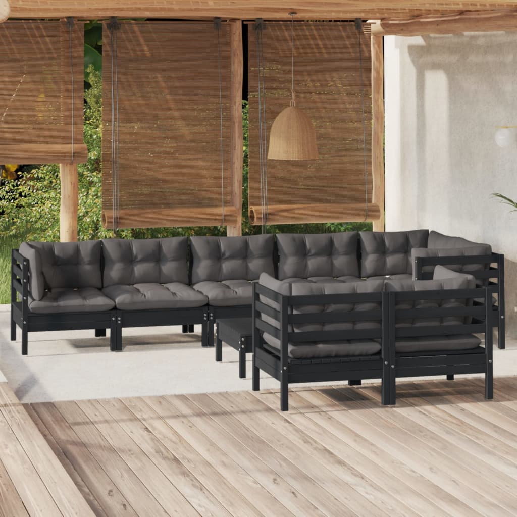 Salon de jardin 9 pcs avec coussins Noir Bois de pin massif